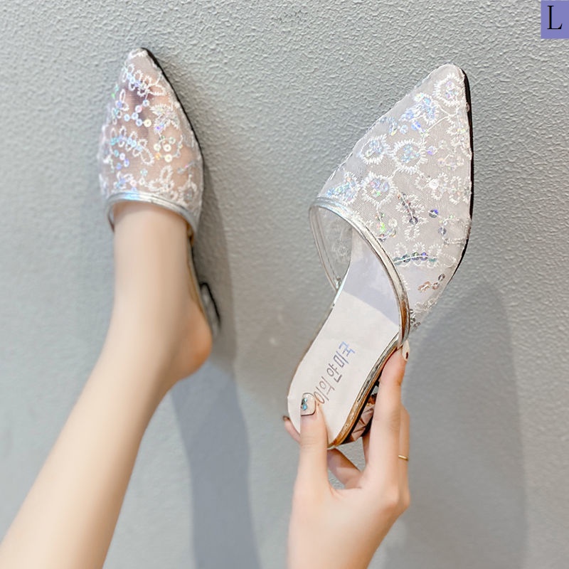 Dép Bít Mũi Nhọn Đế Thấp Phối Lưới Thời Trang Mùa Hè 2023 Phong Cách Mới Cho Nữ