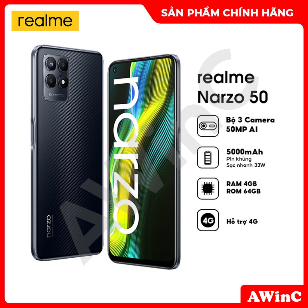 Điện Thoại realme Narzo 50 4G 2022 (4GB/64GB) - Máy Mới 100% Nguyên Seal FullBox Bảo hành Chính Hãng Lỗi 1 Đổi 1 .