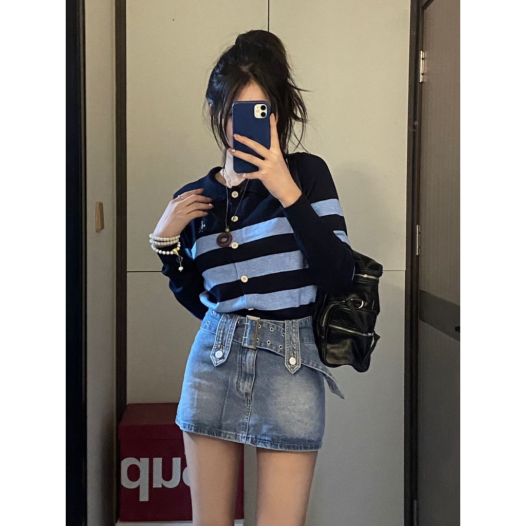 Jiashucheng Chân Váy Denim Ngắn Dáng Chữ a Lưng Cao Phong Cách Retro Mỹ Mùa Hè Độc Đáo