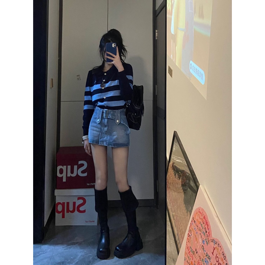 Jiashucheng Chân Váy Denim Ngắn Dáng Chữ a Lưng Cao Phong Cách Retro Mỹ Mùa Hè Độc Đáo