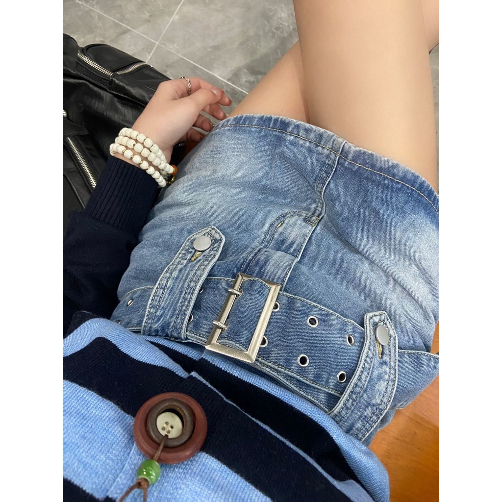 Jiashucheng Chân Váy Denim Ngắn Dáng Chữ a Lưng Cao Phong Cách Retro Mỹ Mùa Hè Độc Đáo