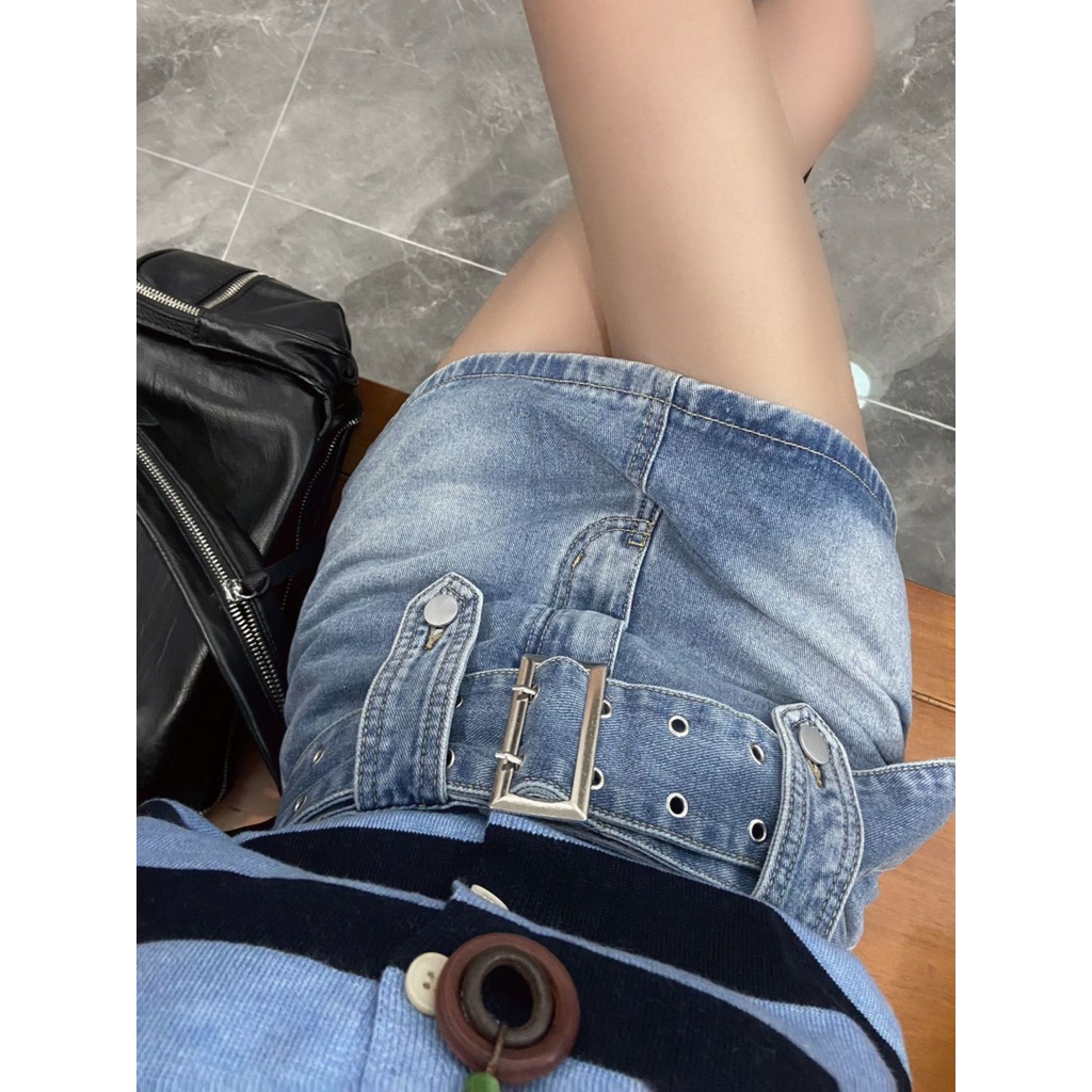 Jiashucheng Chân Váy Denim Ngắn Dáng Chữ a Lưng Cao Phong Cách Retro Mỹ Mùa Hè Độc Đáo