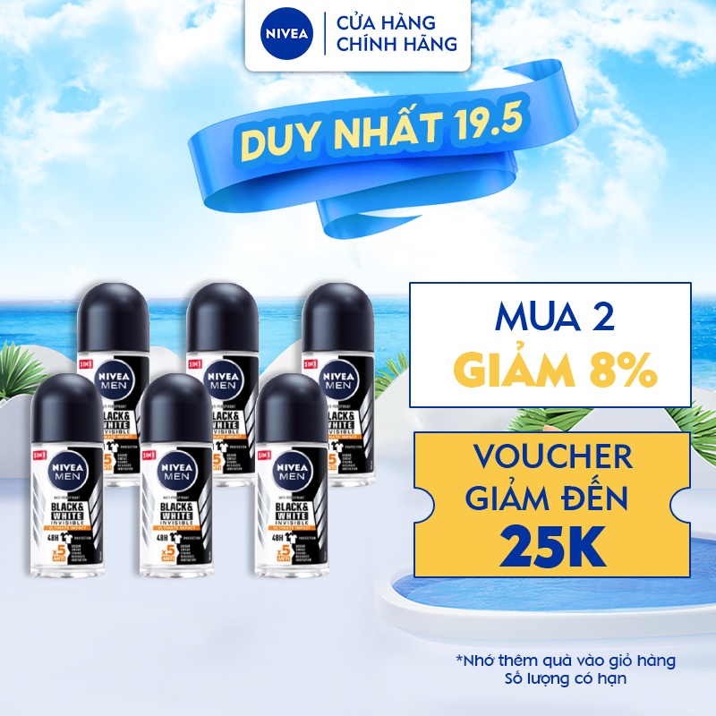 Bộ 6 Lăn Ngăn Mùi NIVEA MEN Black & White Invisible Ultimate Ngăn Vệt Ố Vàng - Hương Mạnh Mẽ (50 ml) - 85392