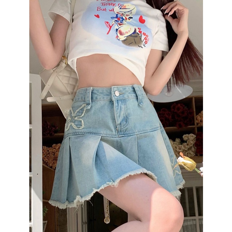 Jiashucheng Chân Váy Denim Lưng Cao Xếp Ly Thêu Hình Bướm Kiểu Retro Thời Trang Mùa Hè Cho Nữ