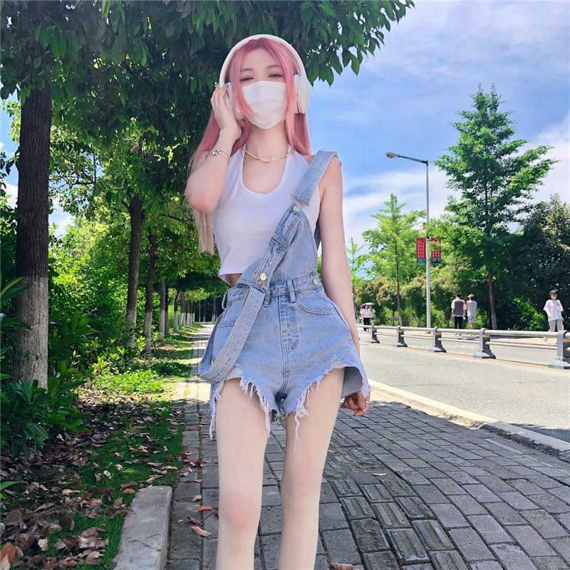 Jiashucheng Quần Yếm Denim Ngắn Mùa Hè Dáng Rộng Sờn Phong Cách Mới Cho Nữ
