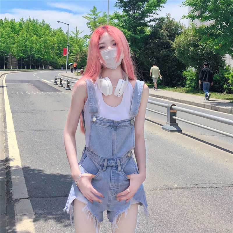 Jiashucheng Quần Yếm Denim Ngắn Mùa Hè Dáng Rộng Sờn Phong Cách Mới Cho Nữ