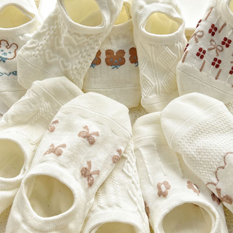 Vớ Cotton Cổ Thấp Họa Tiết Hoạt Hình Màu Trắng Thời Trang Mùa Hè Dễ Phối Đồ Cho Nữ