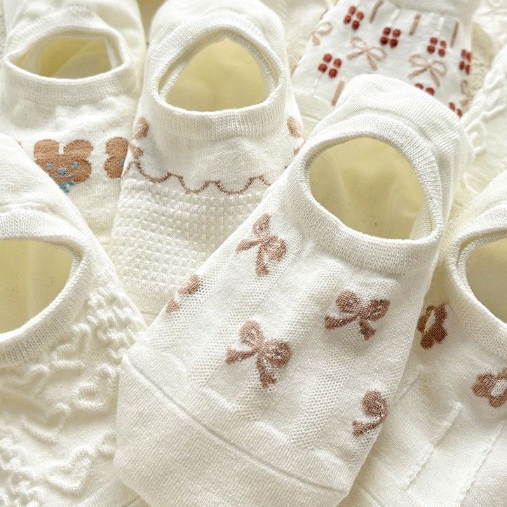 Vớ Cotton Cổ Thấp Họa Tiết Hoạt Hình Màu Trắng Thời Trang Mùa Hè Dễ Phối Đồ Cho Nữ