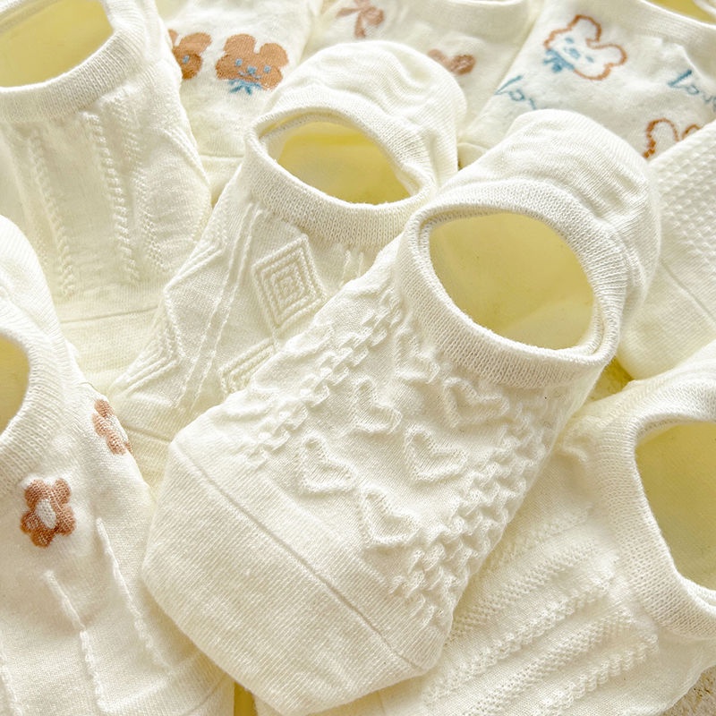 Vớ Cotton Cổ Thấp Họa Tiết Hoạt Hình Màu Trắng Thời Trang Mùa Hè Dễ Phối Đồ Cho Nữ