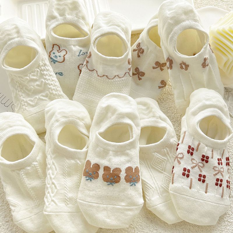 Vớ Cotton Cổ Thấp Họa Tiết Hoạt Hình Màu Trắng Thời Trang Mùa Hè Dễ Phối Đồ Cho Nữ