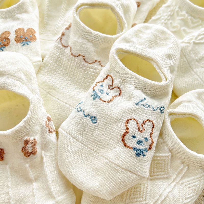 Vớ Cotton Cổ Thấp Họa Tiết Hoạt Hình Màu Trắng Thời Trang Mùa Hè Dễ Phối Đồ Cho Nữ