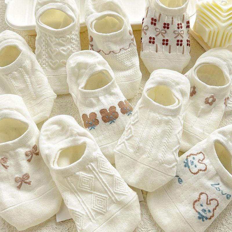 Vớ Cotton Cổ Thấp Họa Tiết Hoạt Hình Màu Trắng Thời Trang Mùa Hè Dễ Phối Đồ Cho Nữ