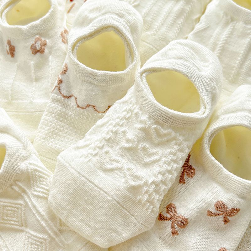 Vớ Cotton Cổ Thấp Họa Tiết Hoạt Hình Màu Trắng Thời Trang Mùa Hè Dễ Phối Đồ Cho Nữ
