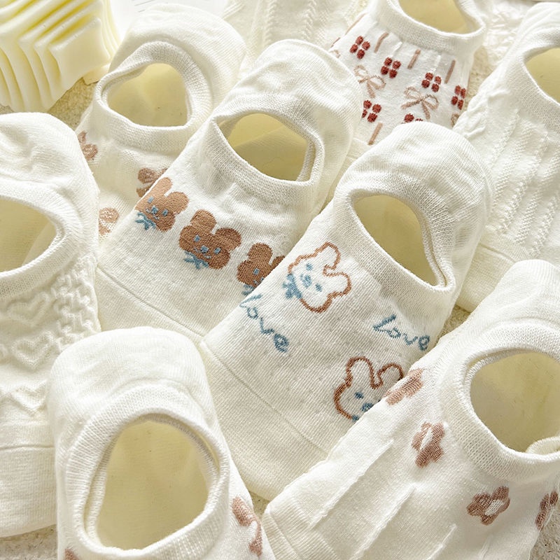 Vớ Cotton Cổ Thấp Họa Tiết Hoạt Hình Màu Trắng Thời Trang Mùa Hè Dễ Phối Đồ Cho Nữ