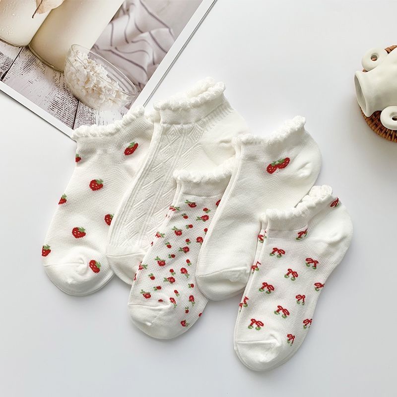 Vớ Thuyền Phối Ren Mỏng Họa Tiết Dâu Tây Phong Cách Nhật Bản Thời Trang Mùa Hè Cho Nữ