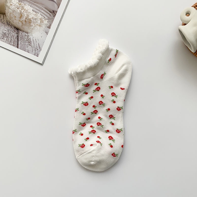 Vớ Thuyền Phối Ren Mỏng Họa Tiết Dâu Tây Phong Cách Nhật Bản Thời Trang Mùa Hè Cho Nữ