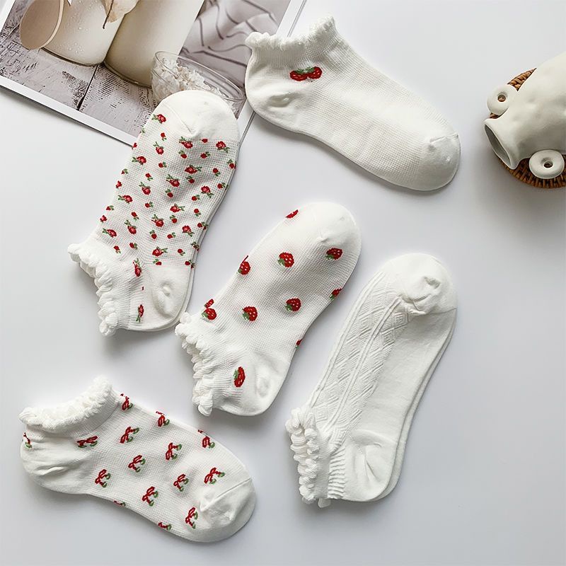 Vớ Thuyền Phối Ren Mỏng Họa Tiết Dâu Tây Phong Cách Nhật Bản Thời Trang Mùa Hè Cho Nữ