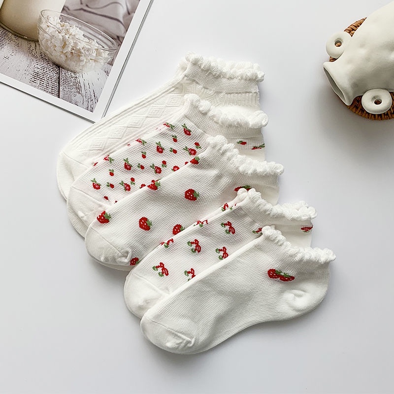 Vớ Thuyền Phối Ren Mỏng Họa Tiết Dâu Tây Phong Cách Nhật Bản Thời Trang Mùa Hè Cho Nữ