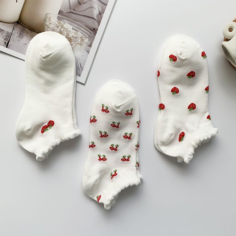 Vớ Thuyền Phối Ren Mỏng Họa Tiết Dâu Tây Phong Cách Nhật Bản Thời Trang Mùa Hè Cho Nữ