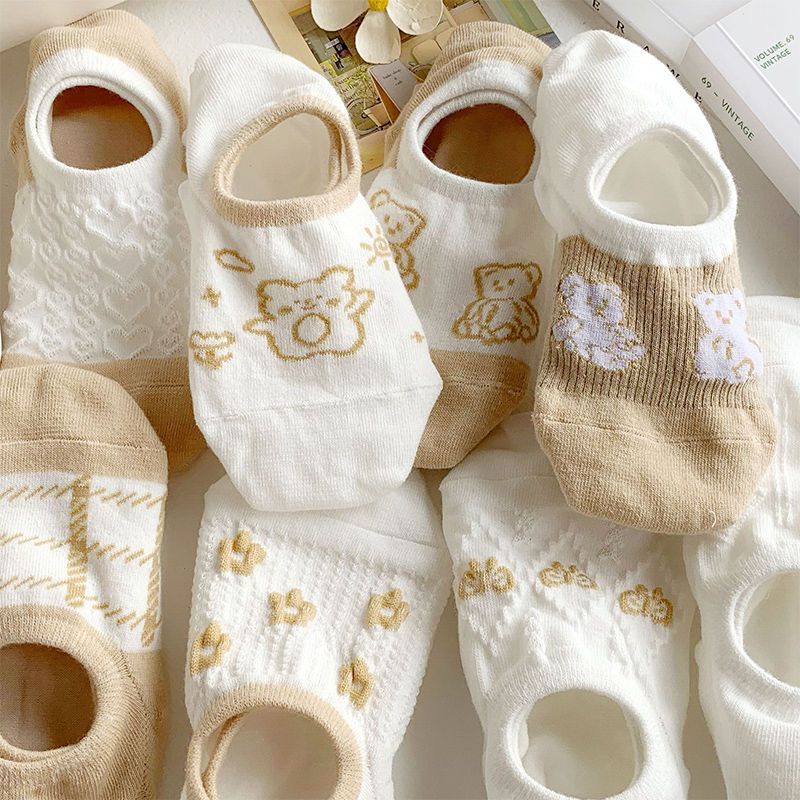 Vớ Miệng Nông Chống Trượt Màu Trắng In Hình Gấu Dễ Thương Phong Cách Nhật Bản Cho Nữ