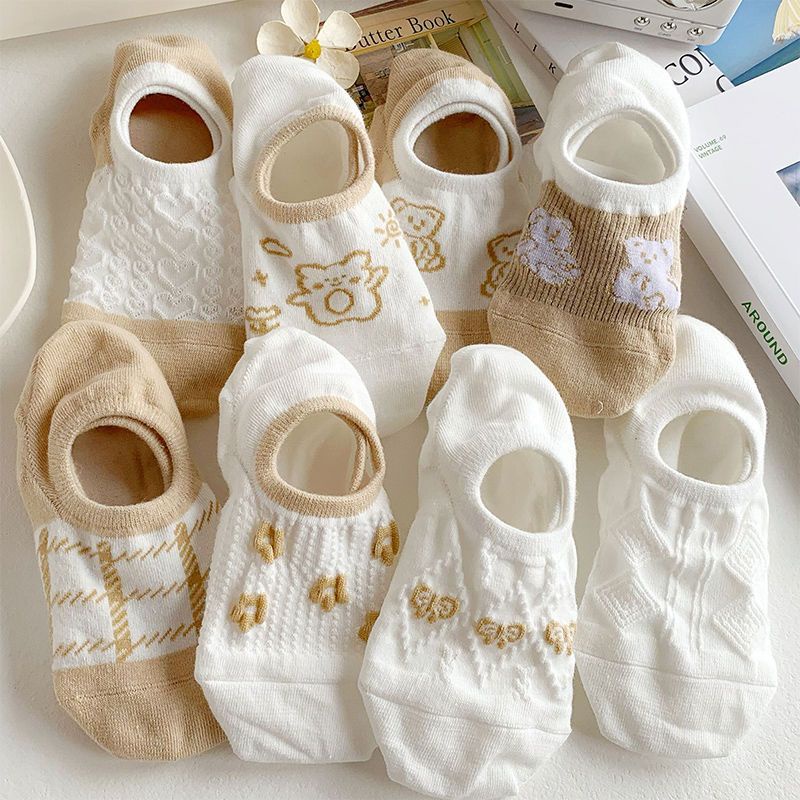 Vớ Miệng Nông Chống Trượt Màu Trắng In Hình Gấu Dễ Thương Phong Cách Nhật Bản Cho Nữ