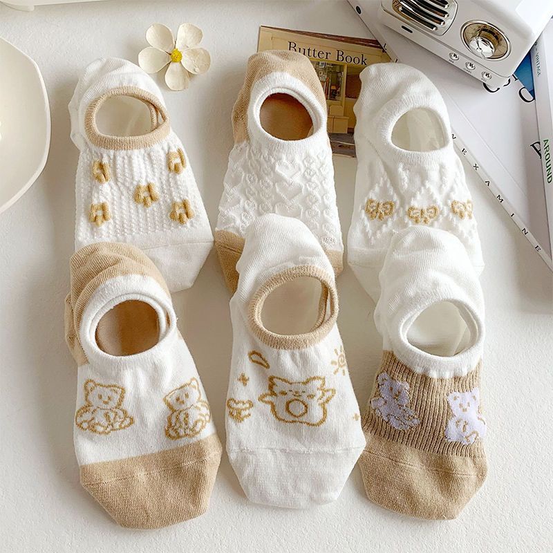 Vớ Miệng Nông Chống Trượt Màu Trắng In Hình Gấu Dễ Thương Phong Cách Nhật Bản Cho Nữ