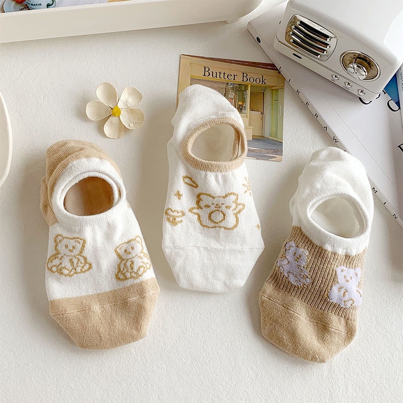 Vớ Miệng Nông Chống Trượt Màu Trắng In Hình Gấu Dễ Thương Phong Cách Nhật Bản Cho Nữ