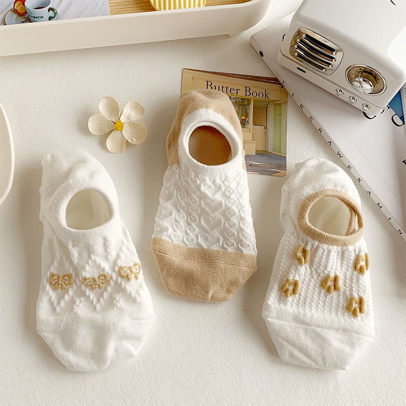 Vớ Miệng Nông Chống Trượt Màu Trắng In Hình Gấu Dễ Thương Phong Cách Nhật Bản Cho Nữ