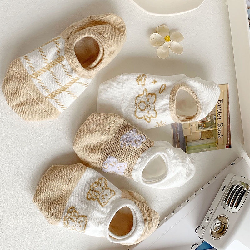 Vớ Miệng Nông Chống Trượt Màu Trắng In Hình Gấu Dễ Thương Phong Cách Nhật Bản Cho Nữ