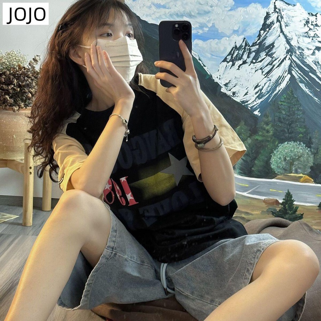 Áo Thun Cotton Tay Ngắn Dáng Rộng In Chữ Màu Sắc Tương Phản Phong Cách Retro Mỹ Dành Cho Nữ