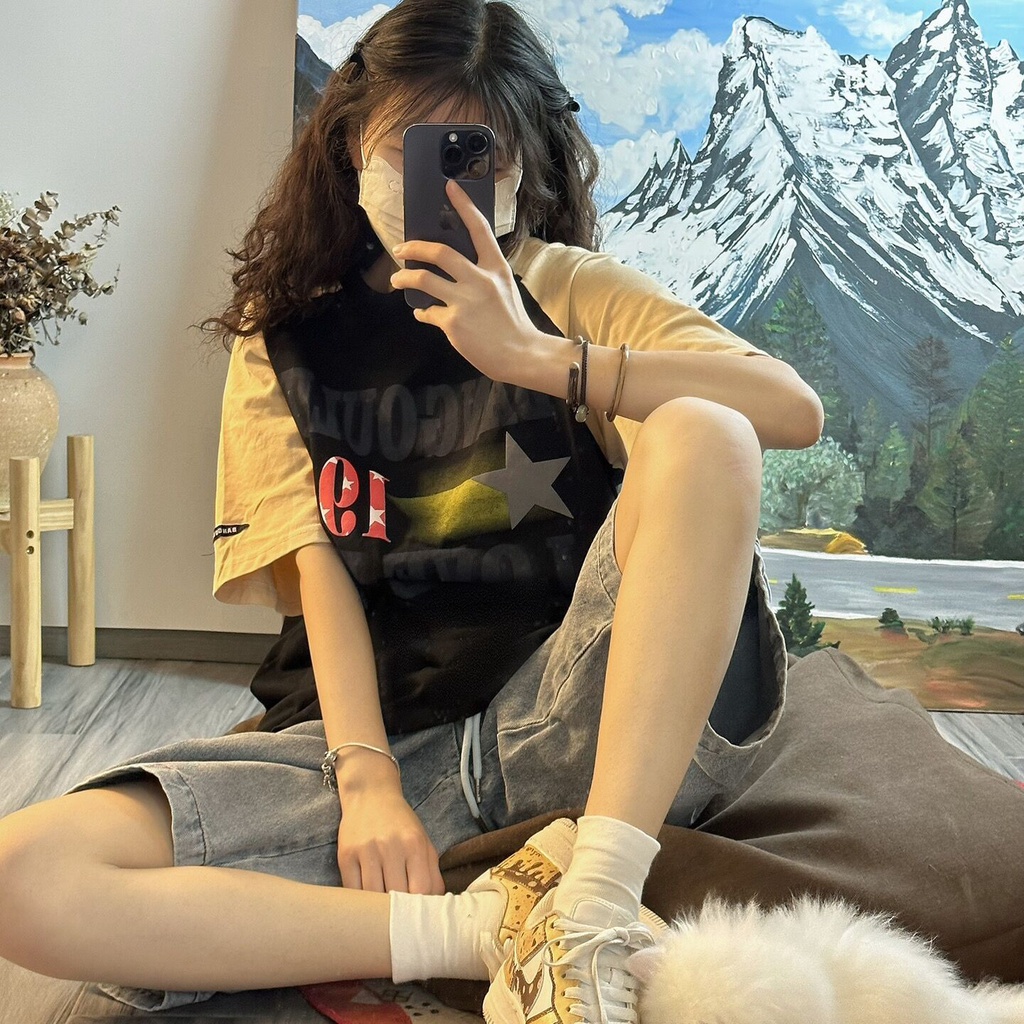 Áo Thun Cotton Tay Ngắn Dáng Rộng In Chữ Màu Sắc Tương Phản Phong Cách Retro Mỹ Dành Cho Nữ