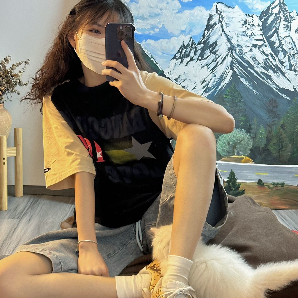 Áo Thun Cotton Tay Ngắn Dáng Rộng In Chữ Màu Sắc Tương Phản Phong Cách Retro Mỹ Dành Cho Nữ