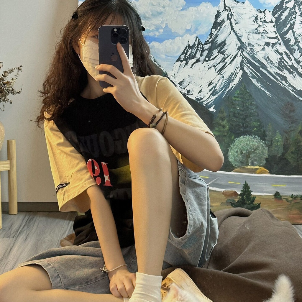 Áo Thun Cotton Tay Ngắn Dáng Rộng In Chữ Màu Sắc Tương Phản Phong Cách Retro Mỹ Dành Cho Nữ