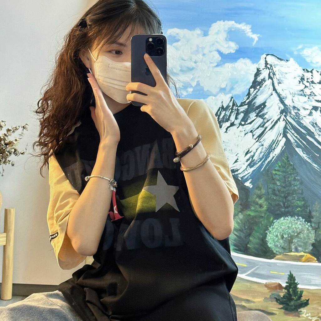 Áo Thun Cotton Tay Ngắn Dáng Rộng In Chữ Màu Sắc Tương Phản Phong Cách Retro Mỹ Dành Cho Nữ