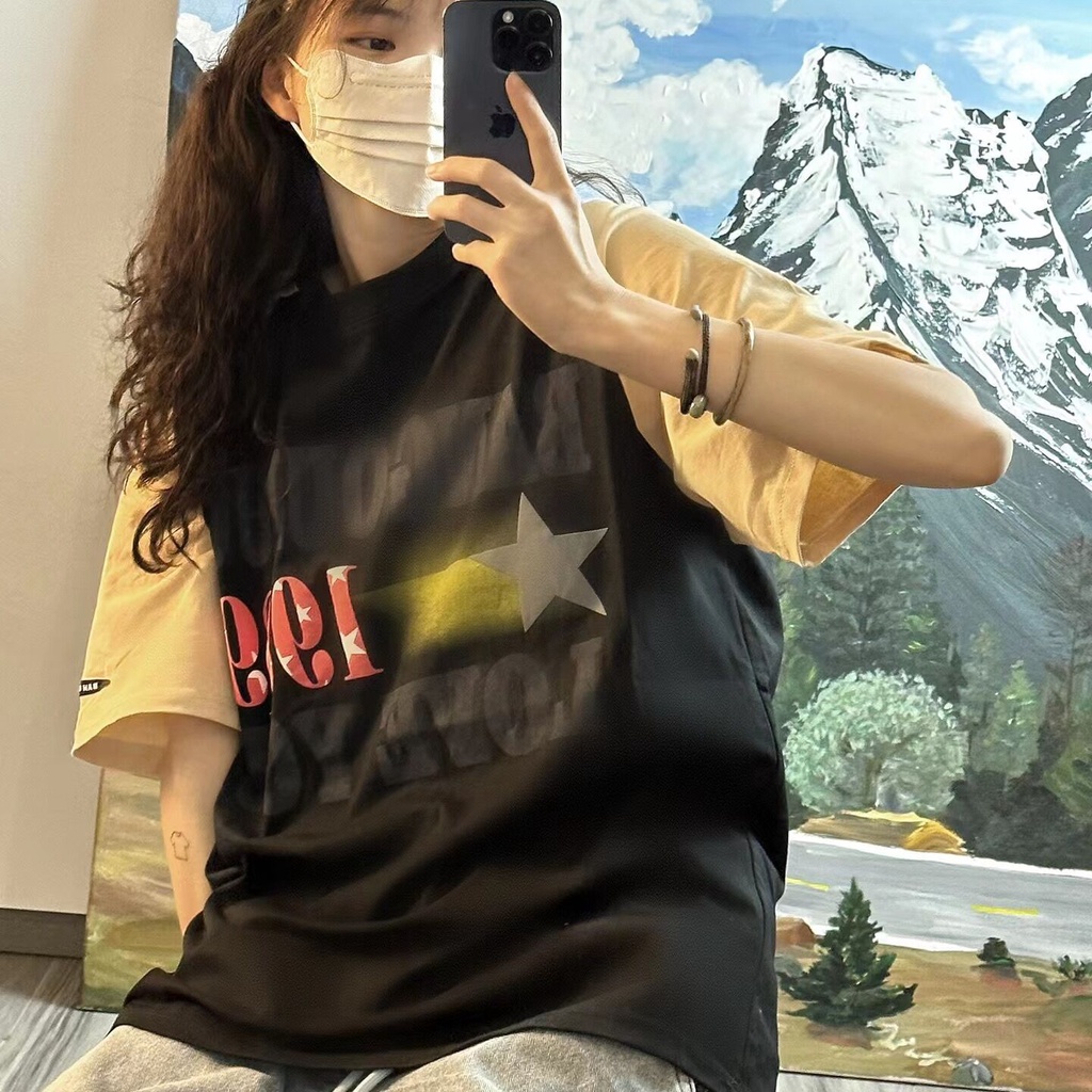 Áo Thun Cotton Tay Ngắn Dáng Rộng In Chữ Màu Sắc Tương Phản Phong Cách Retro Mỹ Dành Cho Nữ