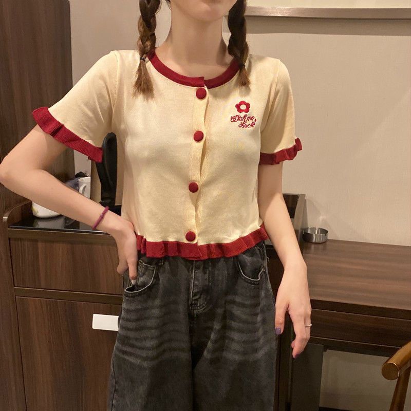 Áo Cardigan Dệt Kim Mỏng Tay Ngắn Thêu Họa Tiết Màu Sắc Tương Phản Thời Trang Mùa Hè Cho Nữ