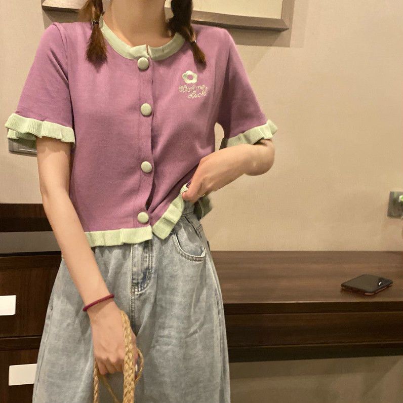 Áo Cardigan Dệt Kim Mỏng Tay Ngắn Thêu Họa Tiết Màu Sắc Tương Phản Thời Trang Mùa Hè Cho Nữ