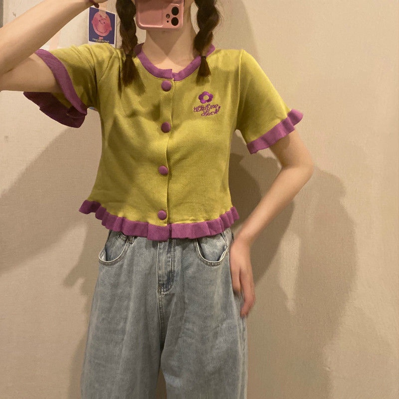 Áo Cardigan Dệt Kim Mỏng Tay Ngắn Thêu Họa Tiết Màu Sắc Tương Phản Thời Trang Mùa Hè Cho Nữ