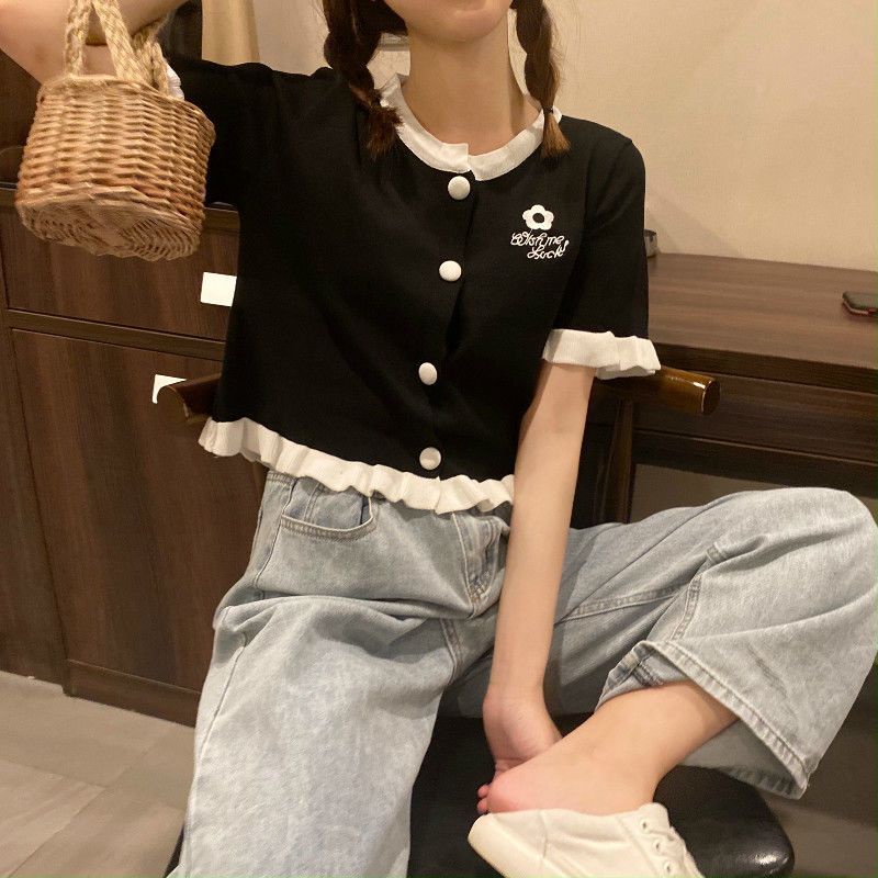 Áo Cardigan Dệt Kim Mỏng Tay Ngắn Thêu Họa Tiết Màu Sắc Tương Phản Thời Trang Mùa Hè Cho Nữ