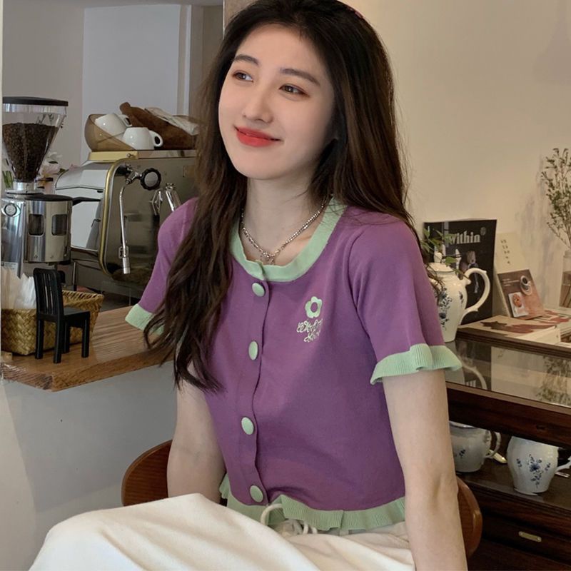 Áo Cardigan Dệt Kim Mỏng Tay Ngắn Thêu Họa Tiết Màu Sắc Tương Phản Thời Trang Mùa Hè Cho Nữ