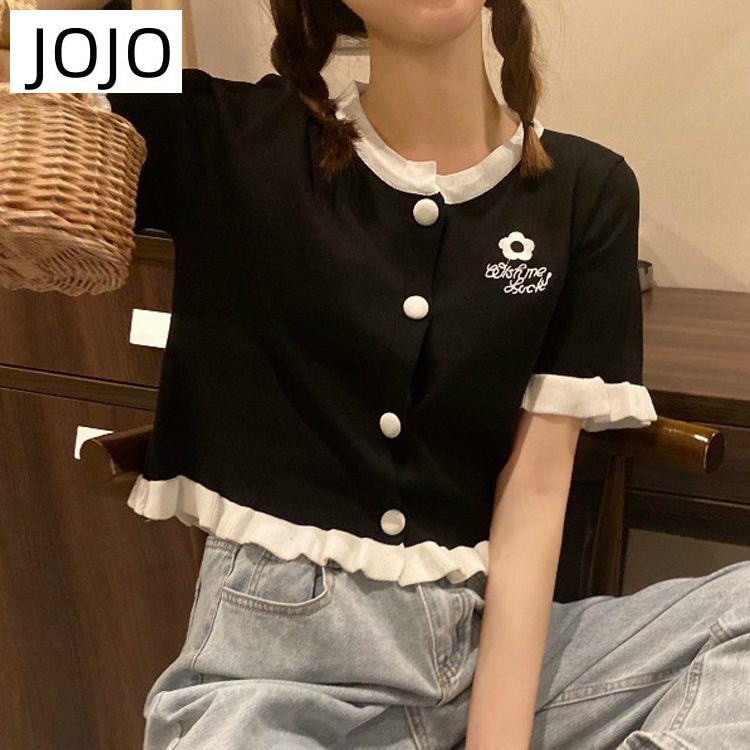 Áo Cardigan Dệt Kim Mỏng Tay Ngắn Thêu Họa Tiết Màu Sắc Tương Phản Thời Trang Mùa Hè Cho Nữ