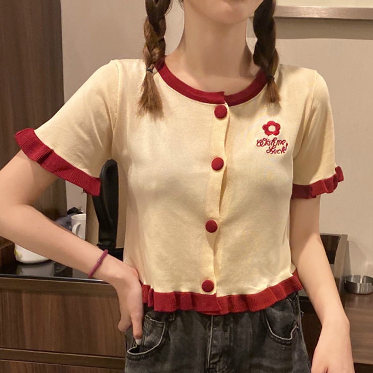 Áo Cardigan Dệt Kim Mỏng Tay Ngắn Thêu Họa Tiết Màu Sắc Tương Phản Thời Trang Mùa Hè Cho Nữ