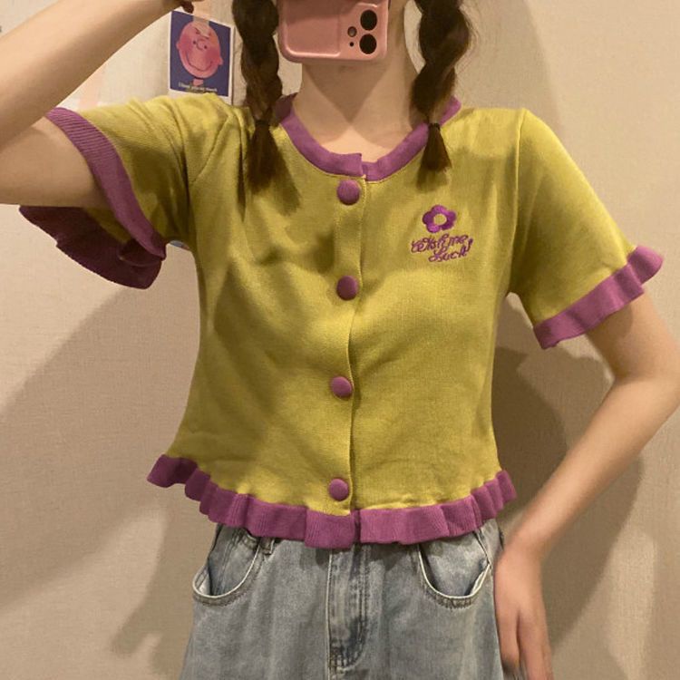 Áo Cardigan Dệt Kim Mỏng Tay Ngắn Thêu Họa Tiết Màu Sắc Tương Phản Thời Trang Mùa Hè Cho Nữ