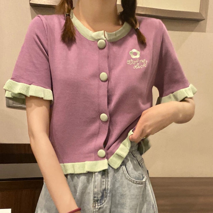 Áo Cardigan Dệt Kim Mỏng Tay Ngắn Thêu Họa Tiết Màu Sắc Tương Phản Thời Trang Mùa Hè Cho Nữ