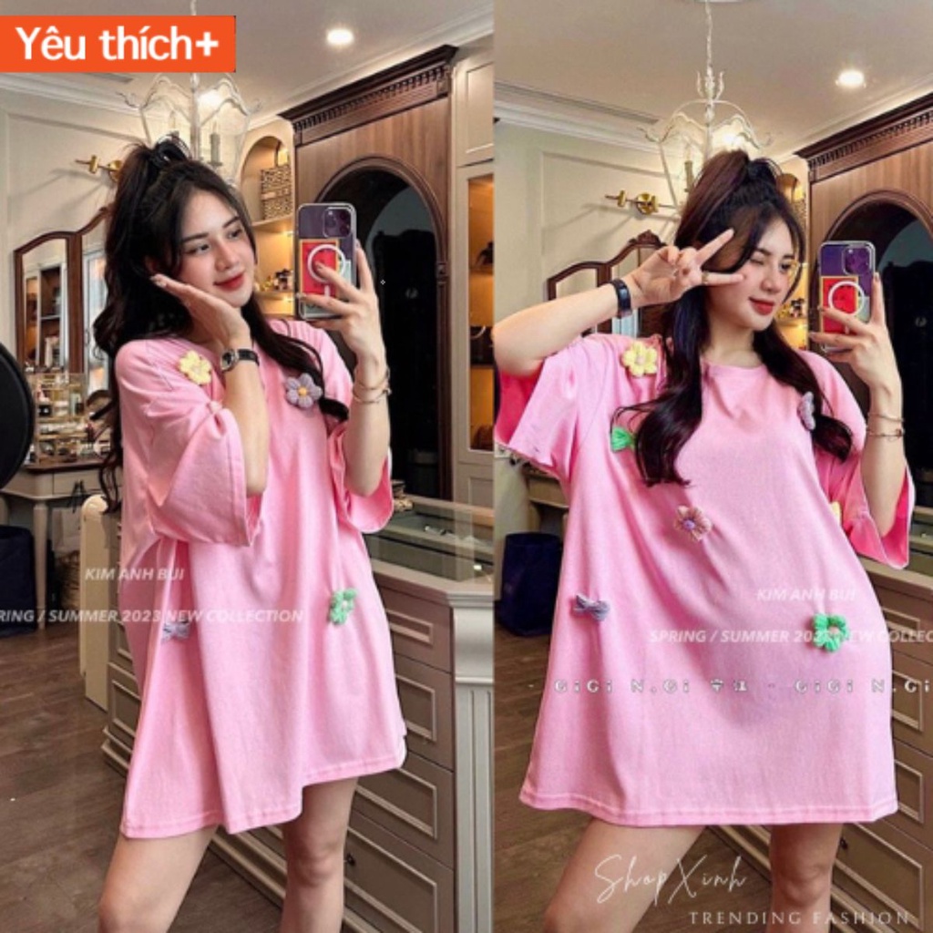 Áo Phông Hồng Đính Hoa Len Nổi, Áo Phông Nữ Giấu Quần Đính Hoa Len Phong Cách Hàn Quốc