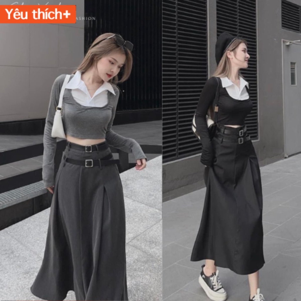 Set Len Tăm Sơ Mi Phối Chân Váy 2 Dây Đai, Set Bộ Áo Len Tăm Dài Tay Phối Sơ Mi Chân Váy Midi Phong Cách Hàn