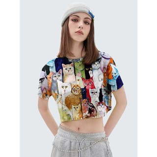 Áo thun Crop top nữ cổ tròn họa tiết mèo xinh xắn