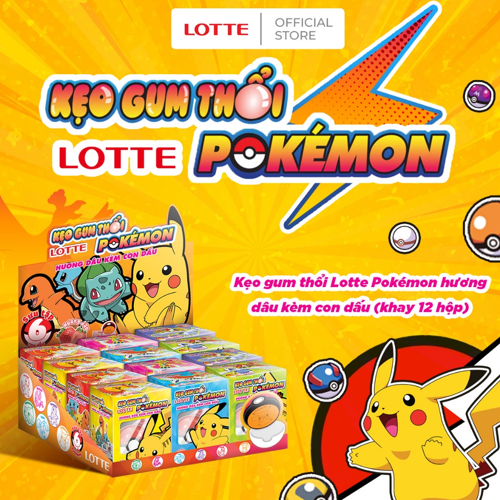 Kẹo gum thổi Lotte Pokémon hương dâu kèm con dấu (khay 12 hộp)