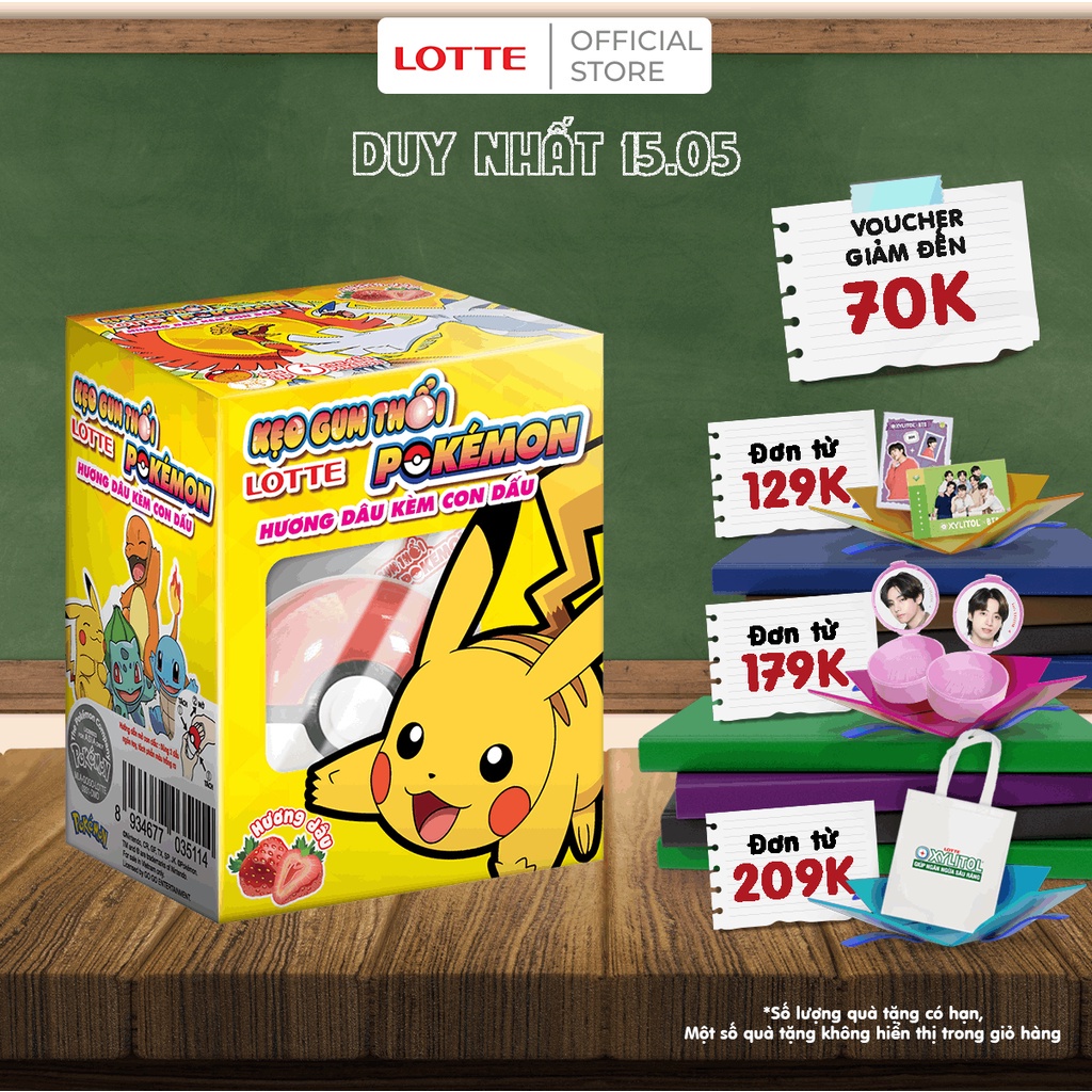Kẹo gum thổi Lotte Pokémon hương dâu kèm con dấu (Mẫu ngẫu nhiên)