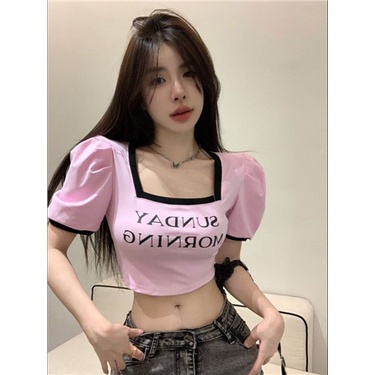 Jiashucheng Áo Thun Tay Ngắn Phồng Cổ Vuông In Chữ Thời Trang Mùa Hè 2023 Phong Cách Pháp Cho Nữ